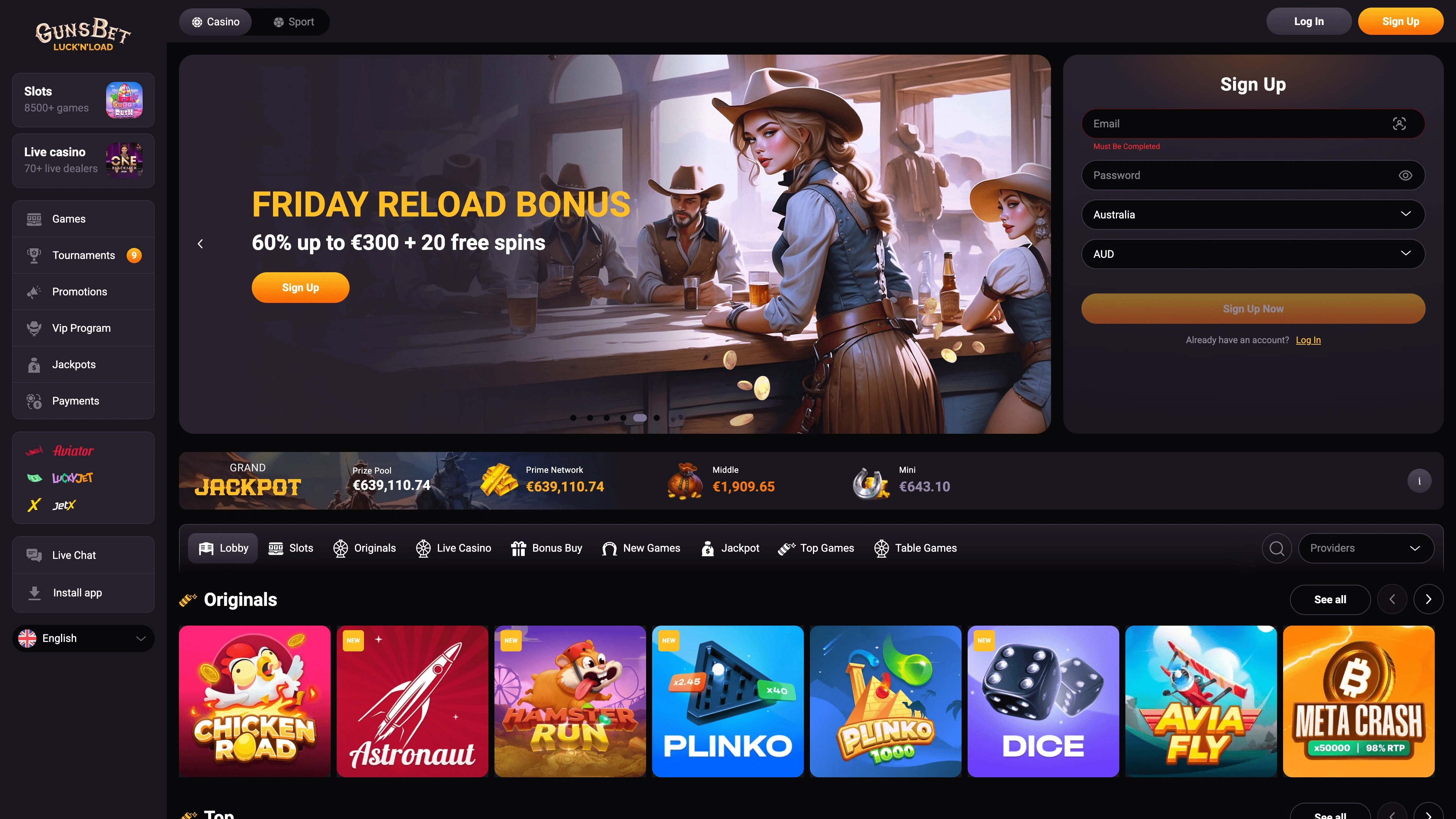Gunsbet Casino Login Page